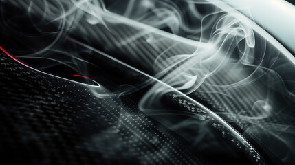 Close-up macro photo of dark, cool carbon fiber material on a sports car's curves with gentle gray smoke rising from tires. Light is reflecting off the material, creating a bright contrast.
