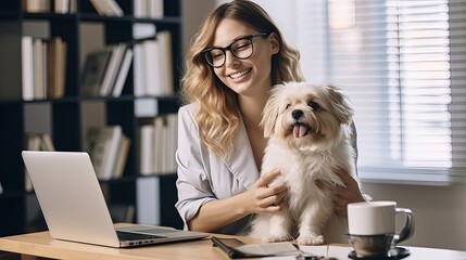 Caucasian businesswoman playing with dog in home office