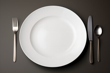Minimalist table setting arrangement, white plate with fork, knife, spoon, Dining Concept Art, Generative AI.