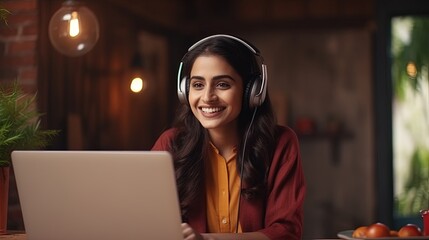 Cheerful indian woman wear headset laugh using laptop video stream conference call teach online, happy ethnic girl student gamer tutor have fun watch webinar web cam education entertainment concept