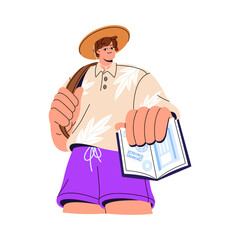 Tourist in summer outfit showing open passport, id on boarding pass control. Happy guy presents identity document, visa to travel, vacation. Flat isolated vector illustration on white background