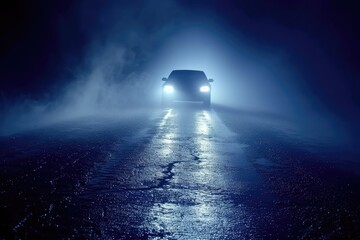 Escape car. Midnight road or alley with a car driving away in the distance. Wet hazy asphalt road or alley. crime, midnight activity concept. - obrazy, fototapety, plakaty