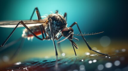 Close-up of a mosquito in nature. Insects, pests that spread Viruses and diseases such as malaria, Leishmaniasis, encephalitis, yellow fever, dengue fever.