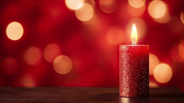 Romantic Holiday Candle on a Red Bokeh Background