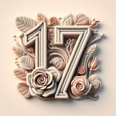 Romantic style number seventeen with rose text design. 3D minimalist clay number text design.