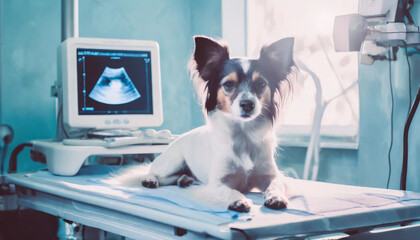 Dog having ultrasound scan in vet office.Little dog terrier in v