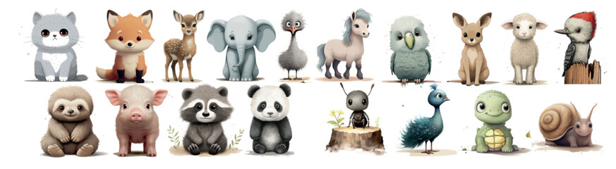 Whimsical Collection of Illustrated Baby Animals Including a Kitten, Fox Cub, Fawn, Elephant Calf, Ostrich Chick, Pony, Owl, Kangaroo Joey, Sheep, Woodpecker, Sloth