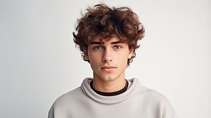 Close up shot of curly European male with little beard, wears casual sweater, isolated over white concrete wall, listens attentively interlocutor. Handsome teenager boy with crisp dark hair