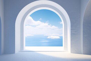 a white room with a large window and an ocean view