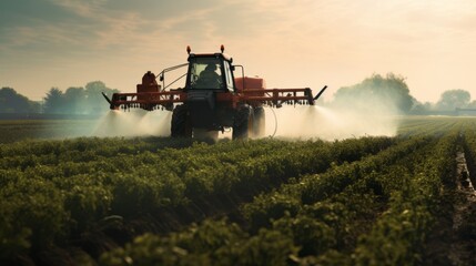 spraying crops with a tractor in farm field - obrazy, fototapety, plakaty