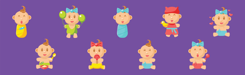 Cute Little Baby and Newborn Child Vector Set