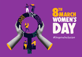Women together on female symbol and hands in collage vector illustration
