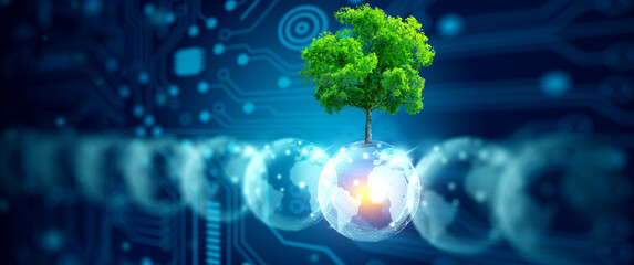 Crystal ball with tree against nature with digital convergence and technology background. Ecology, Energy, Environment, Green Technology, and IT ethics Concept.