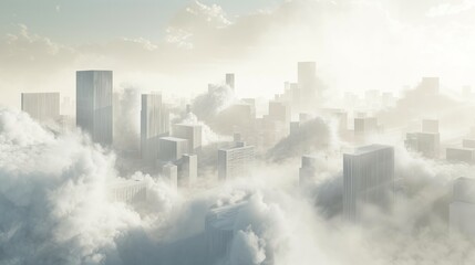 The clouds and buildings of a city, made of mist, as part of a minimalist geometric abstraction and conceptual installation.