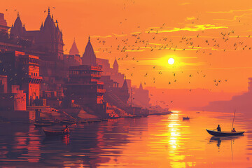 oil painting on canvas, Ancient Varanasi city architecture at sunset with view of sadhu baba enjoying a boat ride on river Ganges. India.