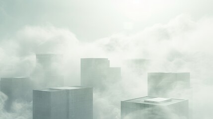 The clouds and buildings of a city are presented, made of mist, as part of a minimalist geometric abstraction, cubo-futurism, and conceptual installation.