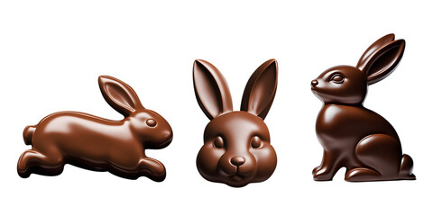 Conjunto de barras de chocolate no formato de coelho - coelho de chocolate sentado, pulando e cabeça.