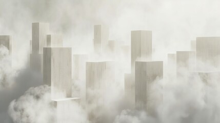 The clouds and buildings of a city, made of mist, as part of a minimalist geometric abstraction, cubo-futurism, conceptual installation, and photorealistic elements.