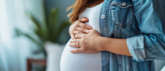 Mulher grávida tocando sua barriga em fundo azul, closeup