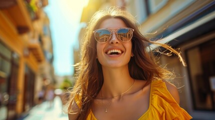 Stylish happy young woman wearing yellow sweatshirt. and sunglasses