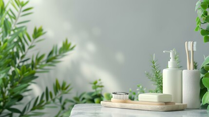 Elegant bathroom accessories on marble countertop with greenery. perfect for wellness spa. clean and modern design. the image conveys freshness and cleanliness. AI
