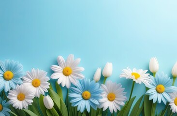 Top view photo of fresh colorful flowers. Colorful flowers decoration. Pastel blue, green and white colors. Greeting card for spring holidays. Template for Birthday, Women's Day, Mother's Day.