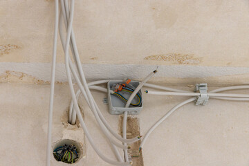 Electrical wiring in the old house surface-mounted with terminals