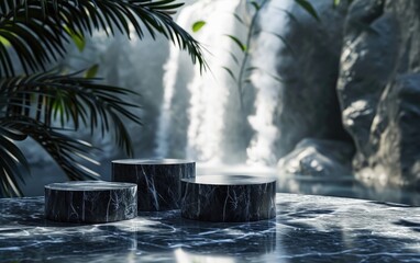 Three empty black white marble round podium ceramic pedestal for display with black ceramic floor, palm tree, and tropical waterfall background