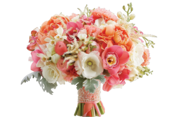 Elegant bouquet of beautiful blooms like roses, orchids and anemones, wrapped with sheer organza ribbon in shades of coral or peach for a sophisticated finish Isolated white background...