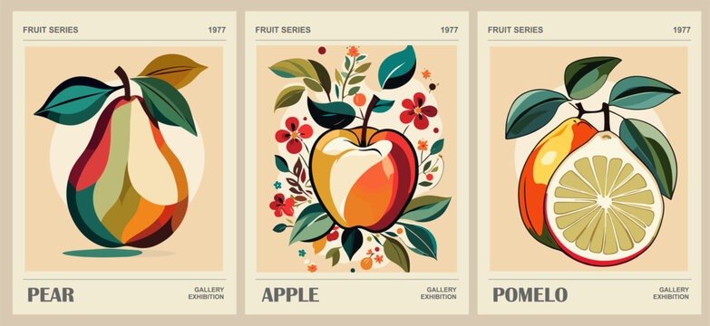 Set of abstract Fruit Market retro posters. Trendy kitchen gallery wall art with apple, pear, pomelo fruits. Modern naive groovy funky interior decorations, paintings. Vector art illustration.