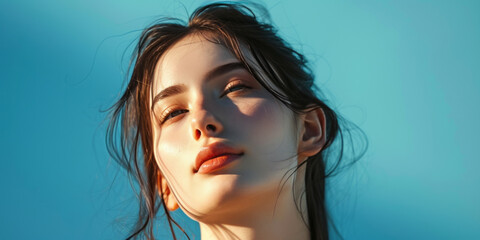 A woman standing on a blue background, embodying youthful energy and softly luminous beauty, in light brown and dark aquamarine, appearing rounded.