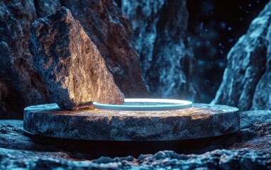 Natural round stone podium with blue light ring in rock cave background
