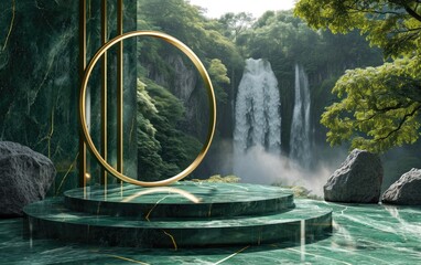 Green marble emerald round podium pedestal display and golden ring wall with tropical waterfall in rainforest background