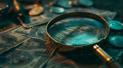 magnifying glass over banknotes and coins. concept of studying investments