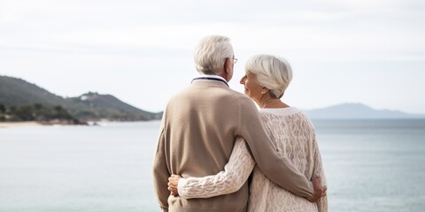 Older couple is standing together, gazing out over the sea , concept of Serene
