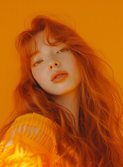 Fototapeta premium A young woman with long, color-streaked, wavy, orange hair posing on an orange background, featuring soft-edged, contrasting geometries.
