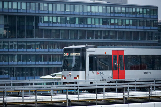 GVB metro train along platform at Amsterdam Sloterdijk station