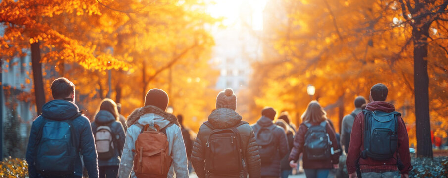 Students, school children go to classes at a university or college, a moving crowd. Banner.