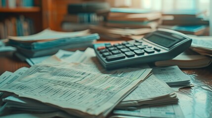 An overflowing desk with a calculator, piles of paperwork, and financial documents, depicting the intensity and overwhelm of accounting work, accounting work overwhelm with calculator and papers.