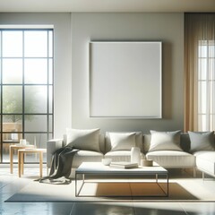 A mockup minimalist white square frame displayed on a coffee table in a bright and airy living room, with sunlight pouring through large windows