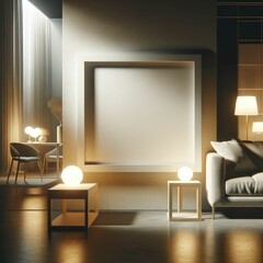 A mockup minimalist white square picture frame placed in a living room at night. The room is illuminated by the soft glow of table lamps, with shadows castin