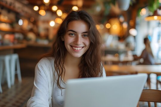 Elevate your visual projects with an image of a happy young woman immersed in her online tasks, bringing energy and warmth to a cafe scene filled with productivity.
