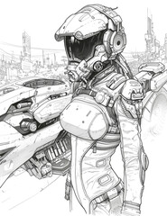 Biker on a motorcycle. Traveling through future cities. A girl on a motorcycle wearing a helmet. Illustration for coloring book