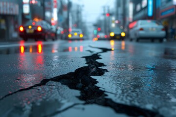 City streets tremble: earthquake damage depicted with a cracked road.