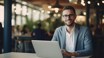 Fototapeta premium Horizontal portrait of handsome businessman sitting at the table working with laptop looking at the camera and happy smiling in office background