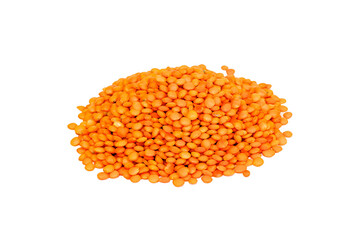 Heap of raw red lentils isolated on white background