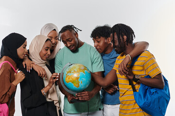 A diverse group of students is gathered around a globe, engrossed in exploration and study, their vibrant energy captured against a pristine white background, symbolizing unity and curiosity in their