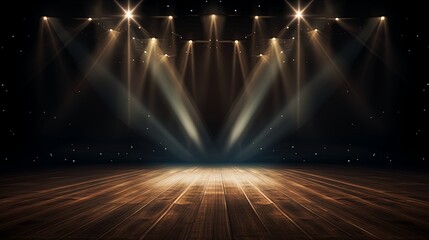 illustration of concert spot lighting over dark background and wood floor