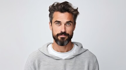 Obraz premium Isolated shot of young handsome male with beard, mustache and trendy hairdo, wears casual grey sweater, has serious expression as listens to interlocutor, poses in studio against white background