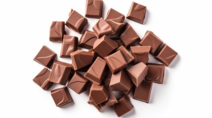 Milk chocolate pieces isolated on white background. Top view